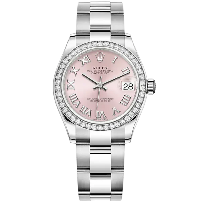 Datejust 31 31mm Oyster Bracelet Oystersteel and White Gold with Pink Roman Dial Diamond-Set Bezel - Rolex