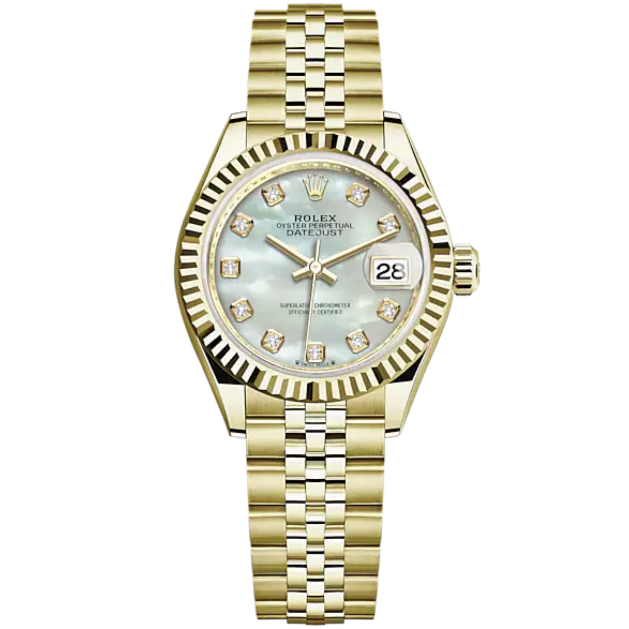 Lady-DateJust 28mm Jubilee Bracelet and 18 KT Yellow Gold with White Mother-of-Pearl Diamond-Set Dial Fluted Bezel - Rolex