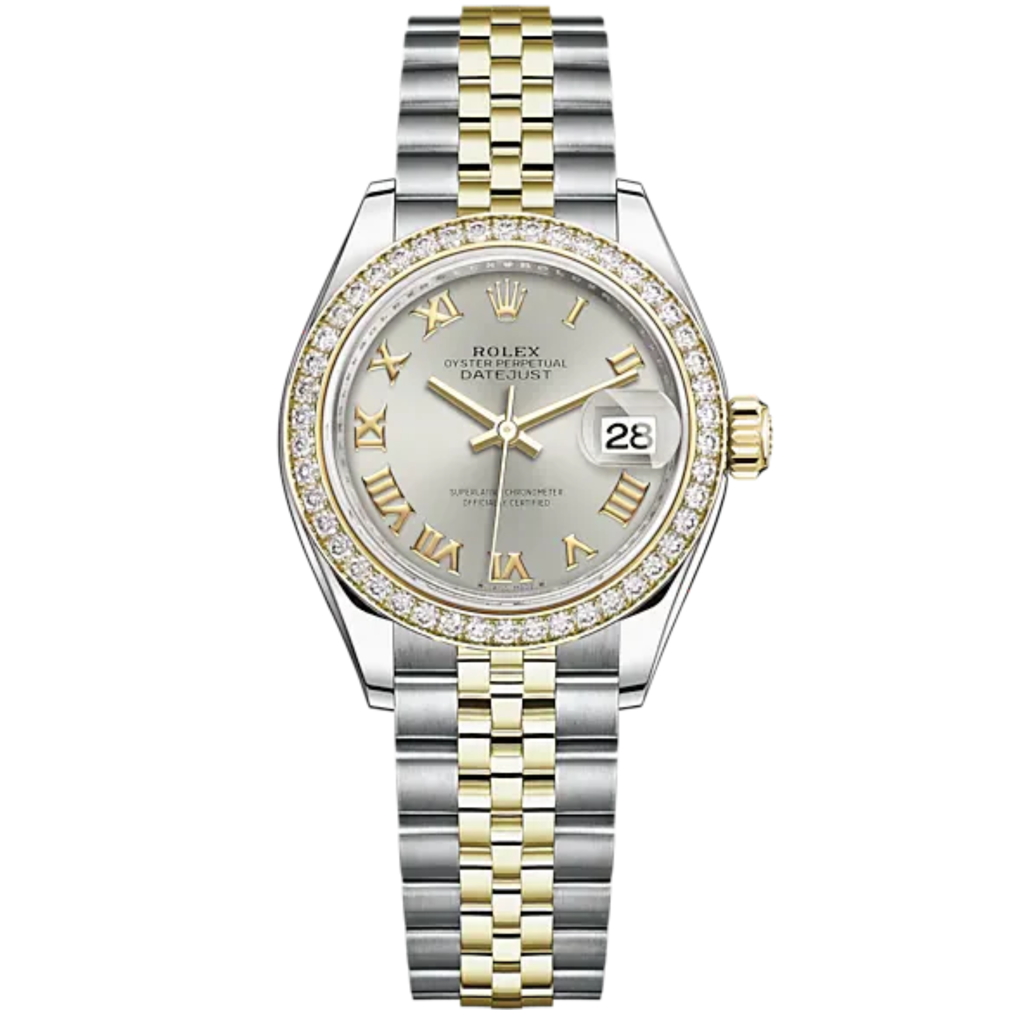 Lady-DateJust 28mm Oystersteel Jubilee Bracelet and Yellow Gold with Silver Dial Diamond-Set Bezel - Rolex