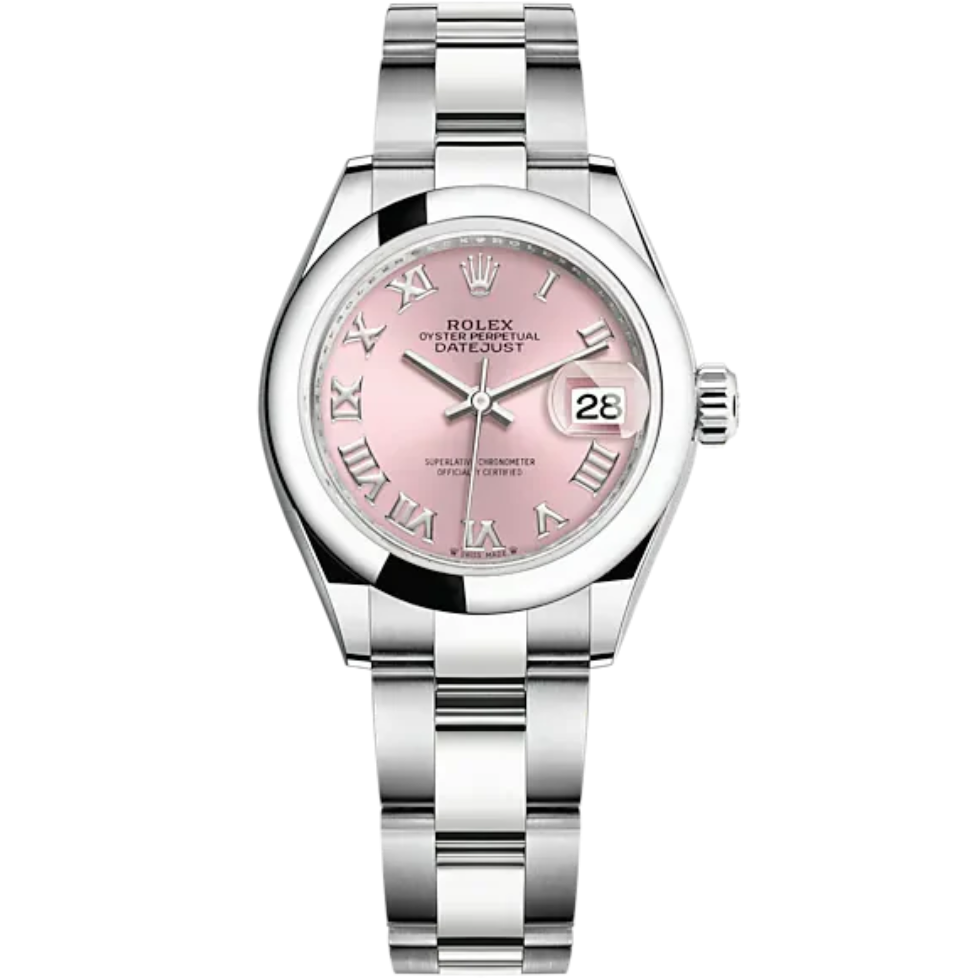 Lady-DateJust 28mm Oyster Oystersteel Bracelet and Pink Dial Domed Bezel - Rolex
