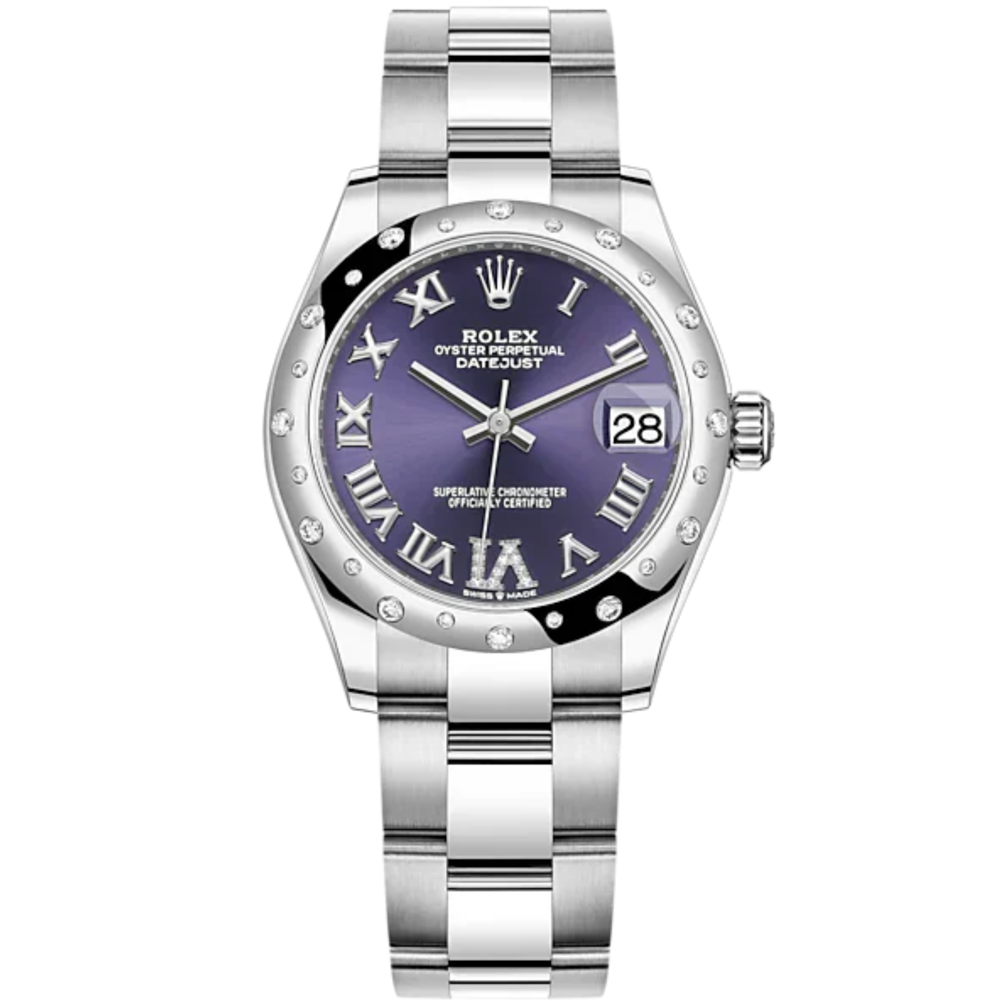 Datejust 31 31mm Oyster Bracelet Oystersteel and White Gold with Aubergine Diamond Roman Dial Diamond-Set Bezel - Rolex