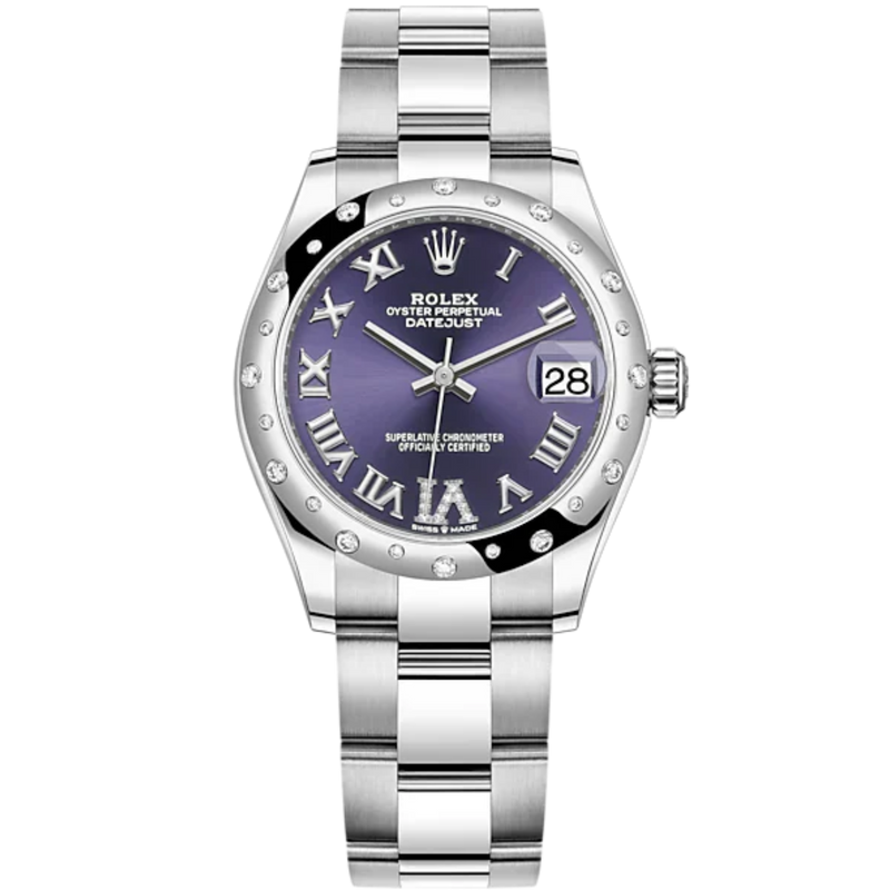 Datejust 31 31mm Oyster Bracelet Oystersteel and White Gold with Aubergine Diamond Roman Dial Diamond-Set Bezel - Rolex