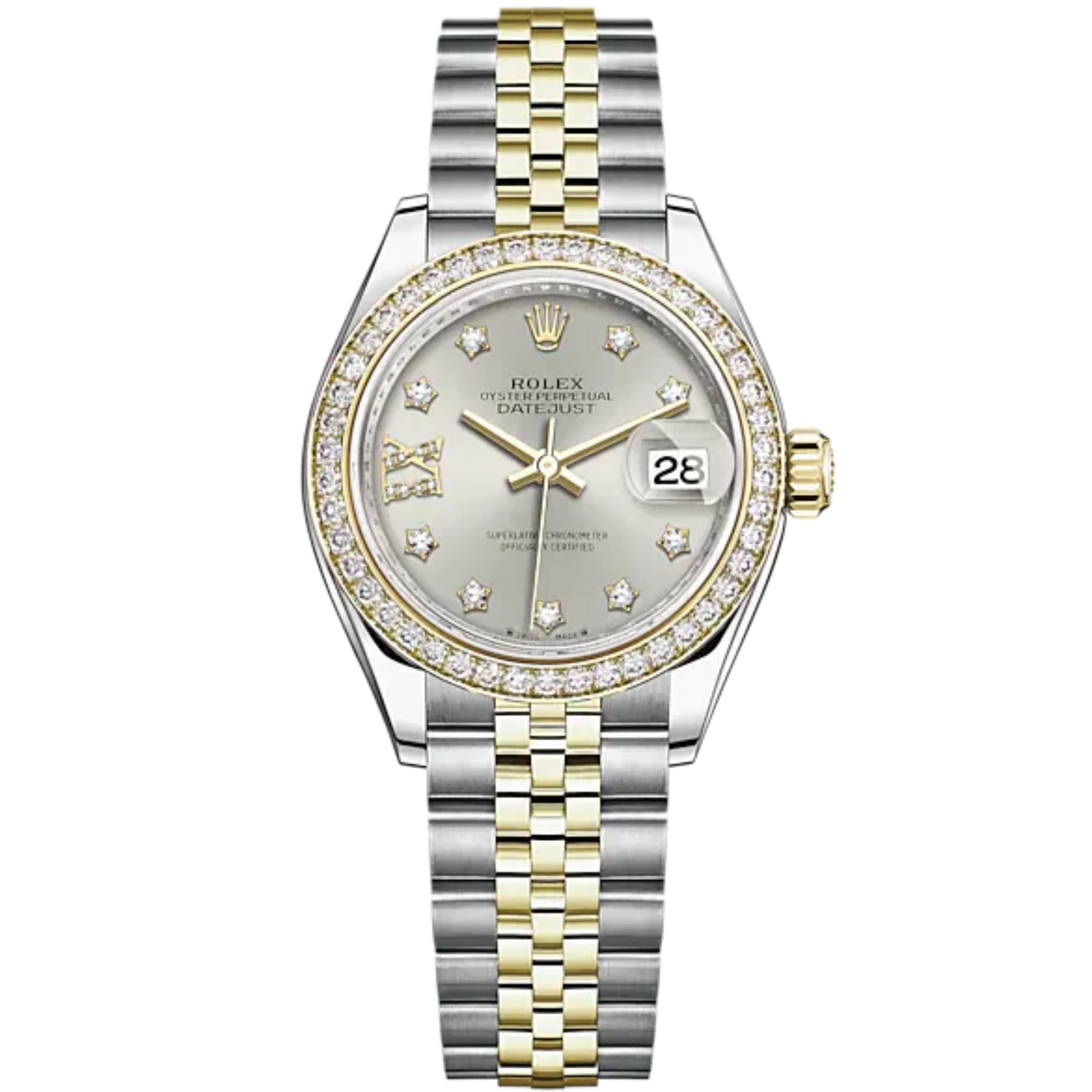 Lady-DateJust 28mm Oystersteel Jubilee Bracelet and Yellow Gold with Silver Dial Diamond-Set Dial Diamond-Set Bezel - Rolex