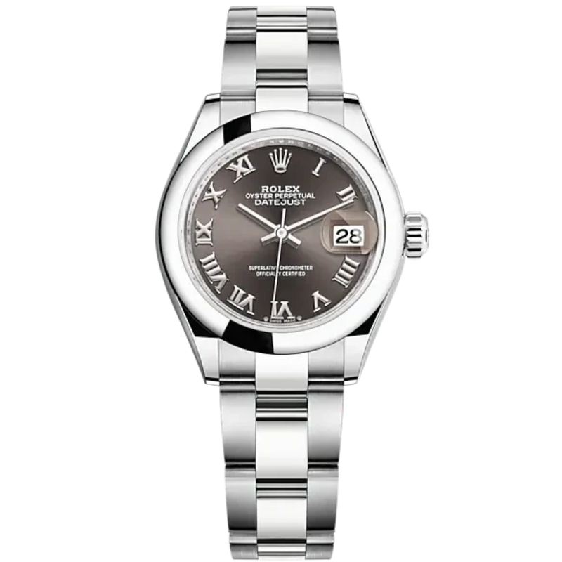 Lady-DateJust 28mm Oyster Oystersteel Bracelet and Dark Grey Dial Domed Bezel - Rolex