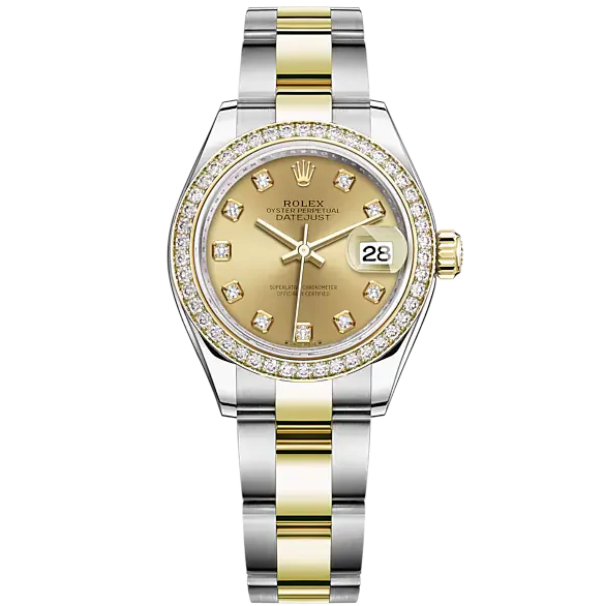 Lady-DateJust 28mm Oyster Oystersteel Bracelet and Yellow Gold with Champagne-Colour Dial Diamond-Set Dial Diamond-Set Bezel - Rolex