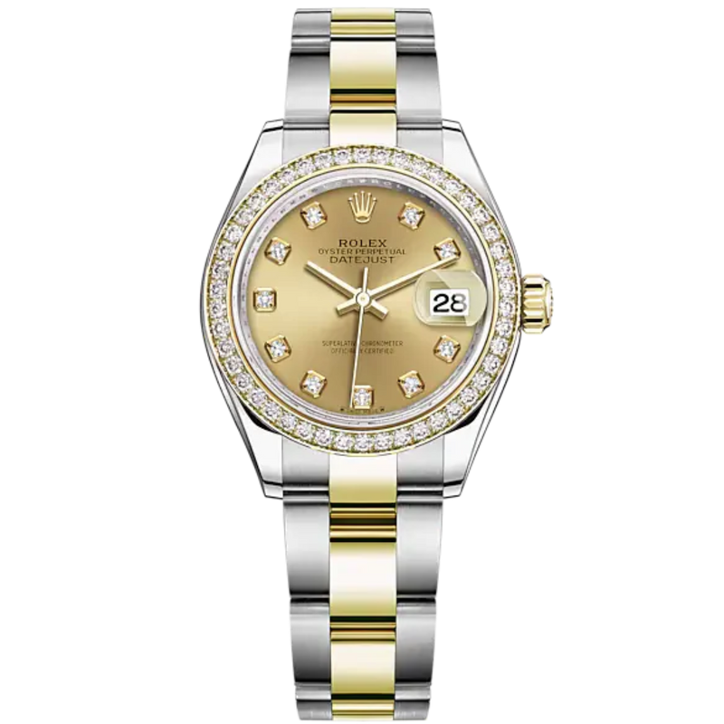 Lady-DateJust 28mm Oyster Oystersteel Bracelet and Yellow Gold with Champagne-Colour Dial Diamond-Set Dial Diamond-Set Bezel - Rolex