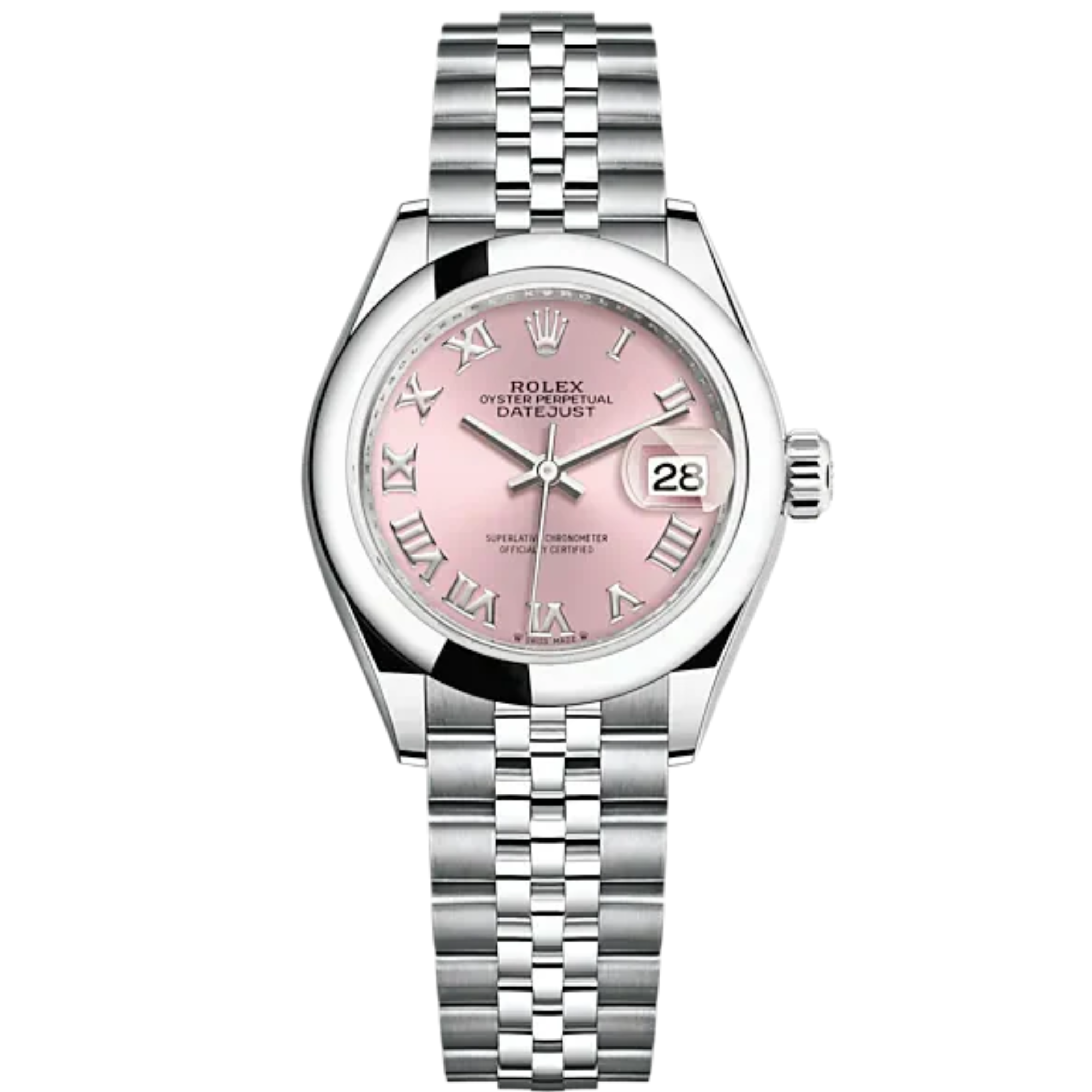 Lady-DateJust 28mm Oystersteel Jubilee Bracelet and Pink Dial Domed Bezel - Rolex