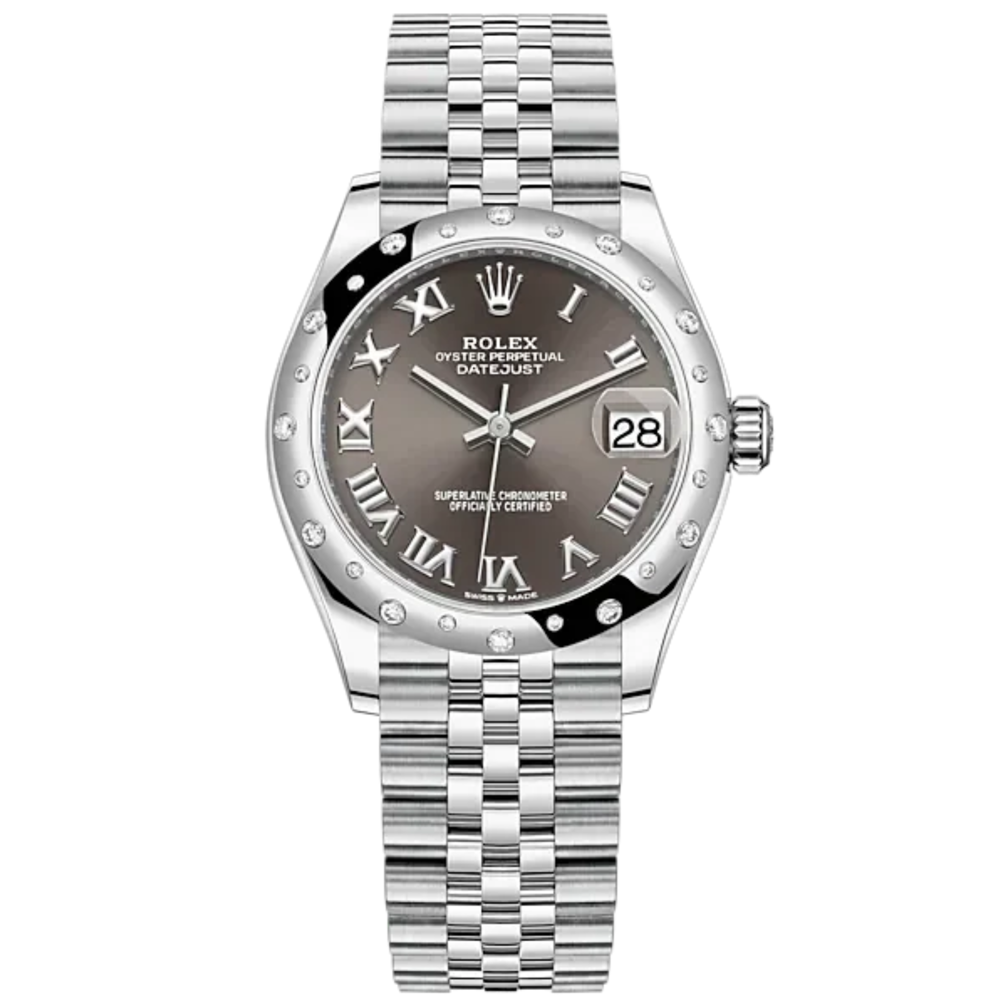 Datejust 31 31mm Jubilee Bracelet Oystersteel and White Gold with Dark Grey Roman Dial Diamond-Set Bezel - Rolex