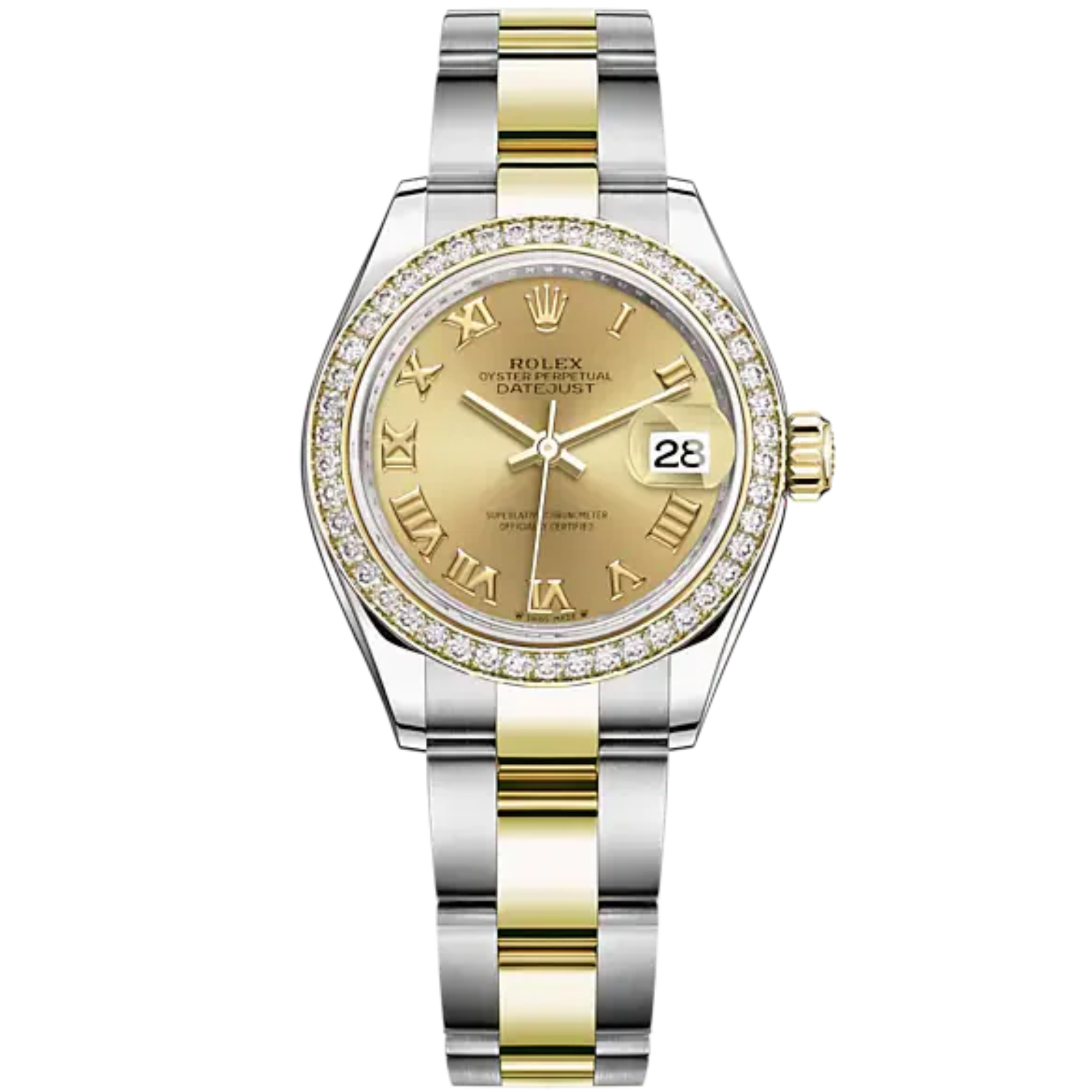 Lady-DateJust 28mm Oyster Oystersteel Bracelet and Yellow Gold with Champagne-Colour Dial Diamond-Set Bezel - Rolex