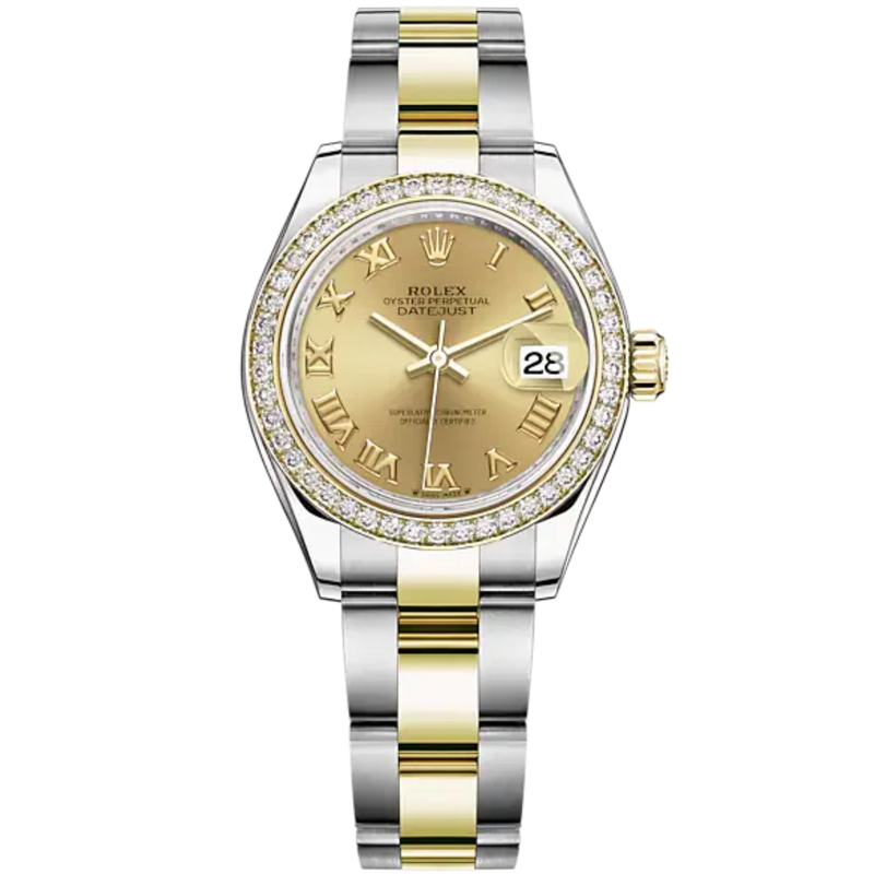 Lady-DateJust 28mm Oyster Oystersteel Bracelet and Yellow Gold with Champagne-Colour Dial Diamond-Set Bezel - Rolex