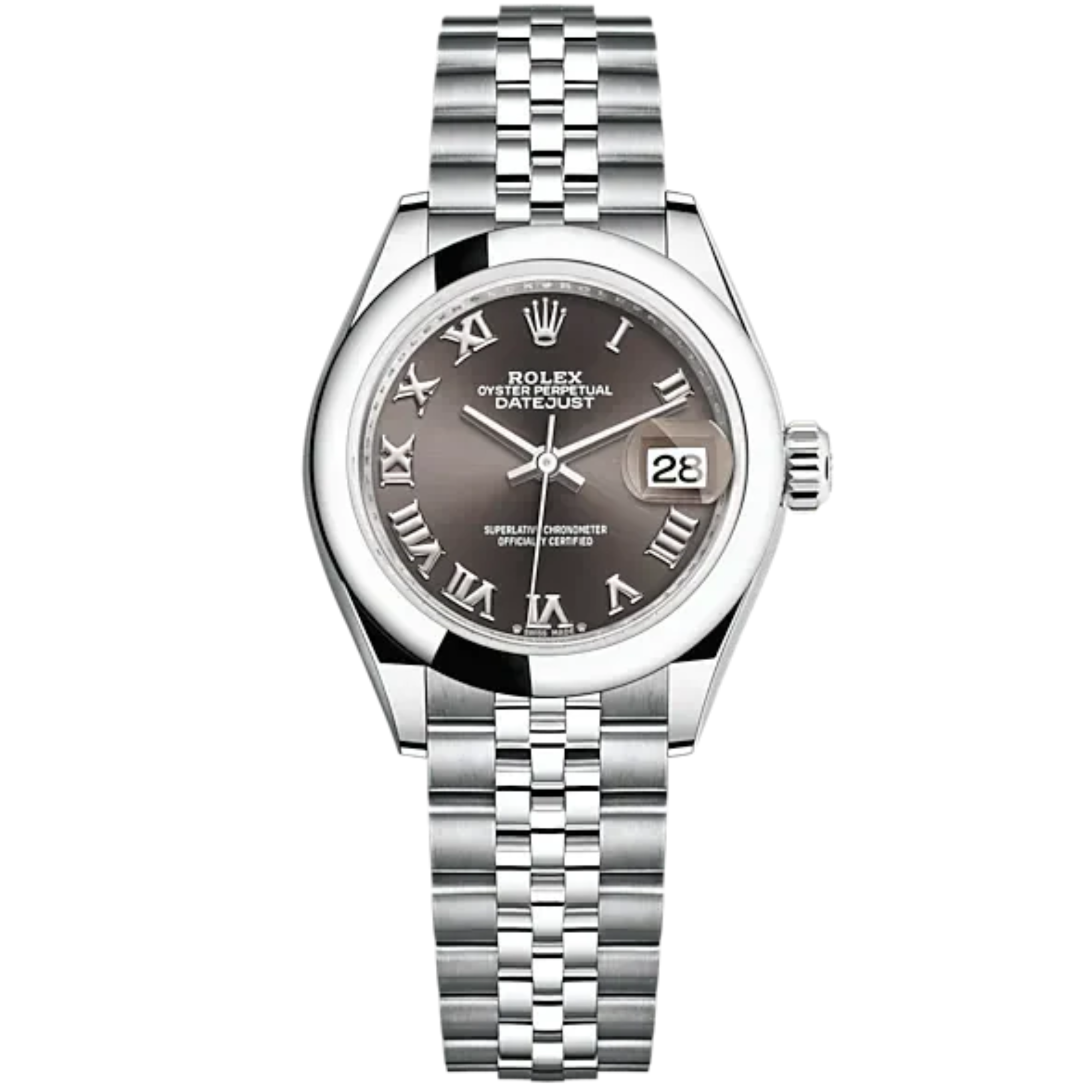 Lady-DateJust 28mm Oystersteel Jubilee Bracelet and Dark Grey Dial Domed Bezel - Rolex