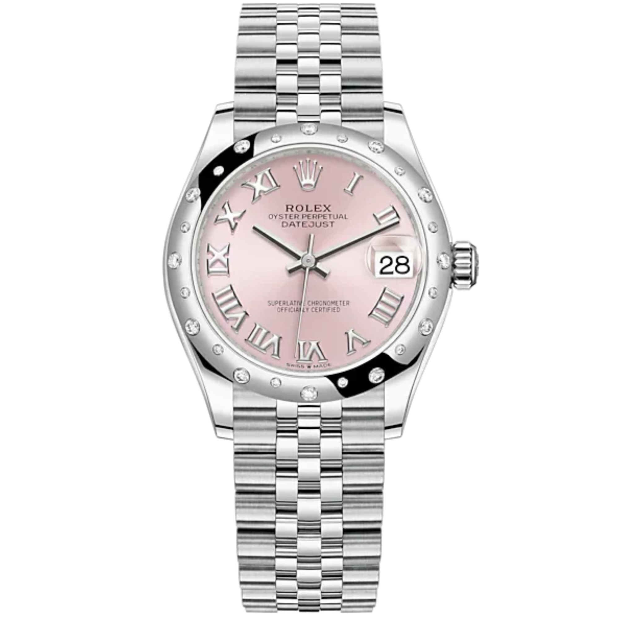 Datejust 31 31mm Jubilee Bracelet Oystersteel and White Gold with Pink Dial Roman Diamond-Set Bezel - Rolex