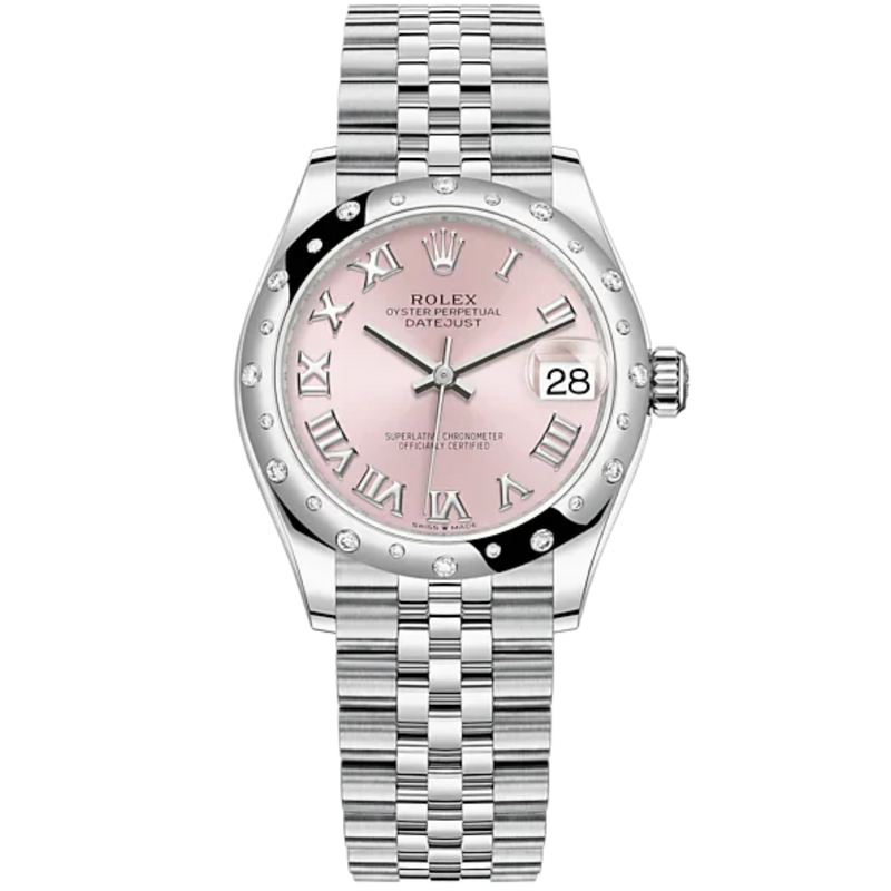 Datejust 31 31mm Jubilee Bracelet Oystersteel and White Gold with Pink Dial Roman Diamond-Set Bezel - Rolex