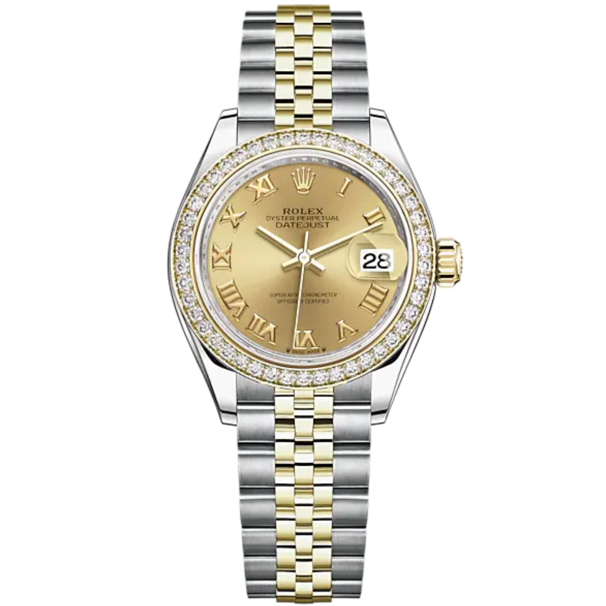 Lady-DateJust 28mm Oystersteel Jubilee Bracelet and Yellow Gold with Champagne-Colour Dial Diamond-Set Bezel - Rolex