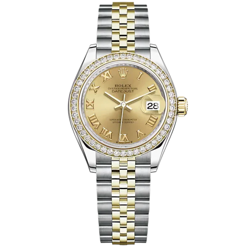 Lady-DateJust 28mm Oystersteel Jubilee Bracelet and Yellow Gold with Champagne-Colour Dial Diamond-Set Bezel - Rolex
