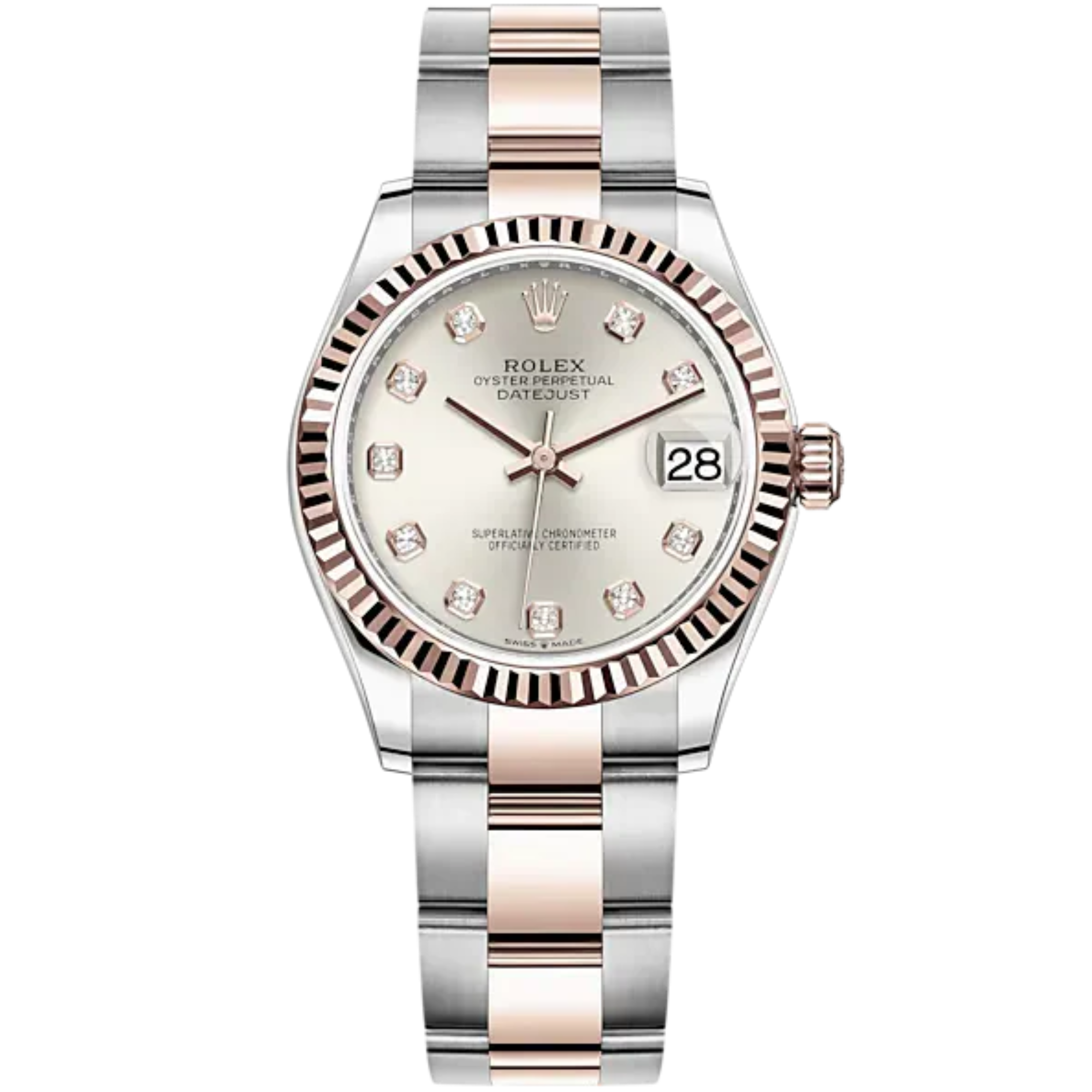 Datejust 31 31mm Oyster Bracelet Oystersteel and Everose Gold with Silver Diamond-Set Dial Fluted Bezel - Rolex