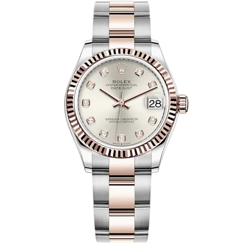 Datejust 31 31mm Oyster Bracelet Oystersteel and Everose Gold with Silver Diamond-Set Dial Fluted Bezel - Rolex
