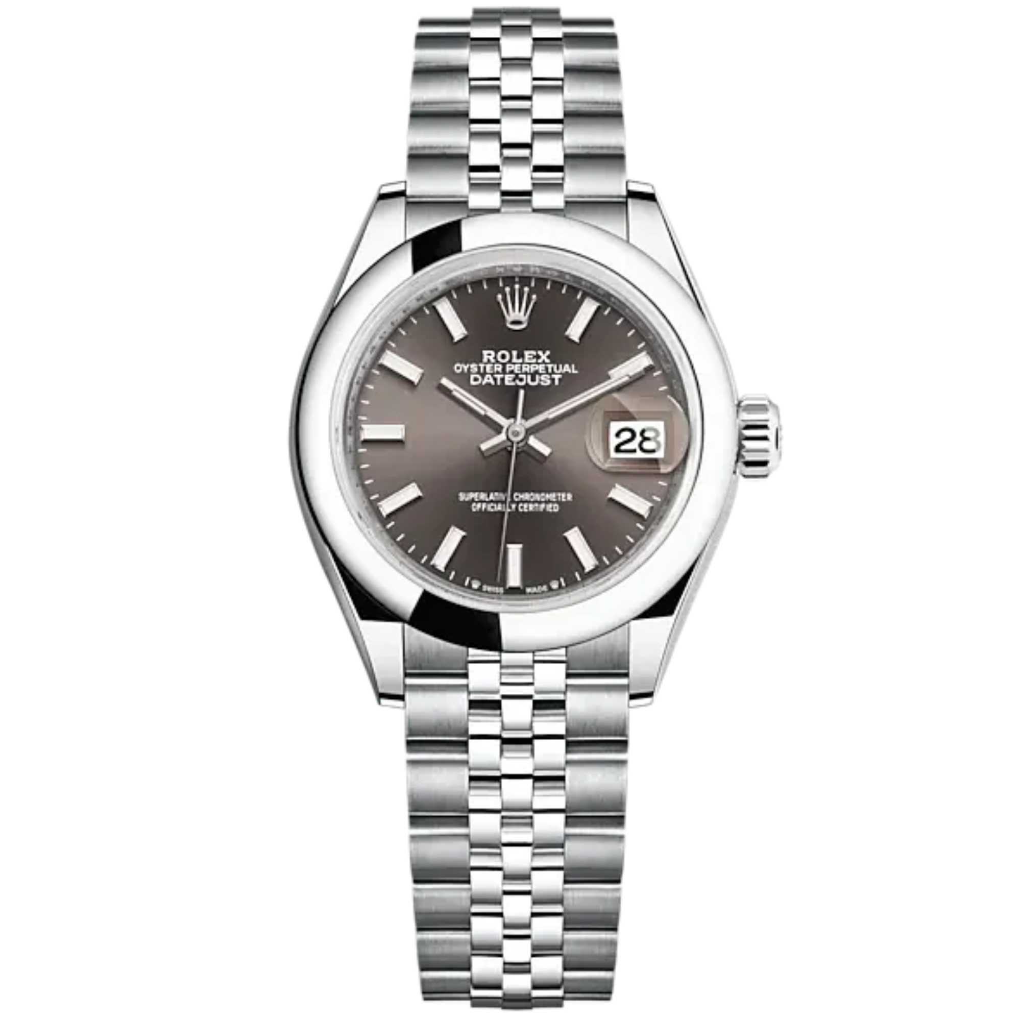 Lady-DateJust 28mm Oystersteel Jubilee Bracelet and Dark Grey Dial Domed Bezel - Rolex