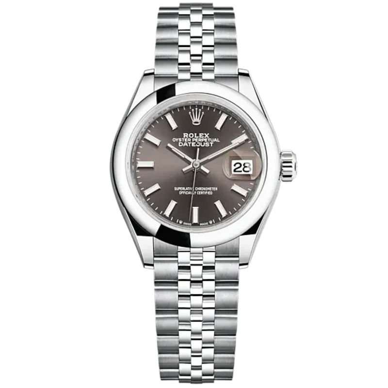 Lady-DateJust 28mm Oystersteel Jubilee Bracelet and Dark Grey Dial Domed Bezel - Rolex