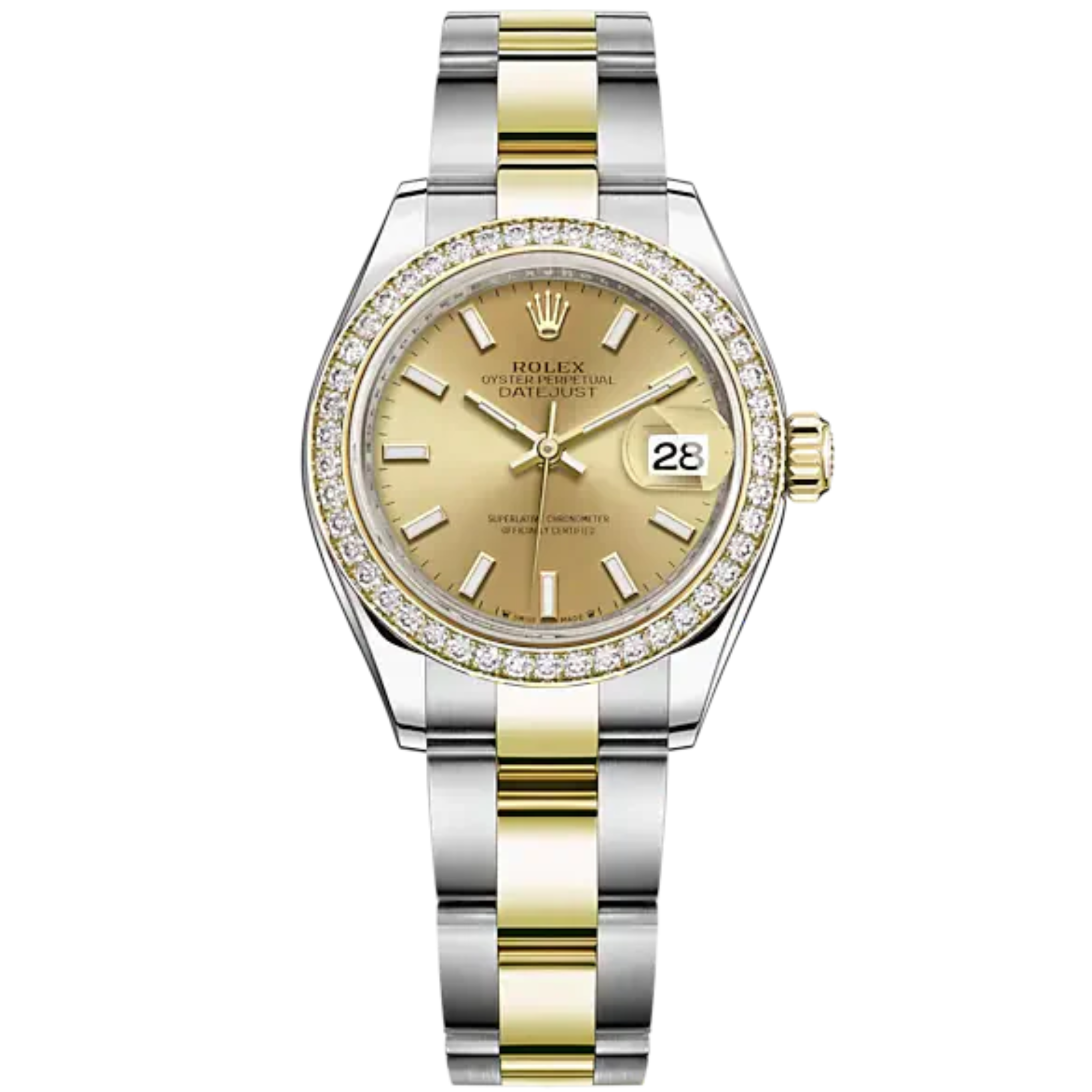Lady-DateJust 28mm Oyster Oystersteel Bracelet and Yellow Gold with Champagne-Colour Dial Diamond-Set Bezel - Rolex