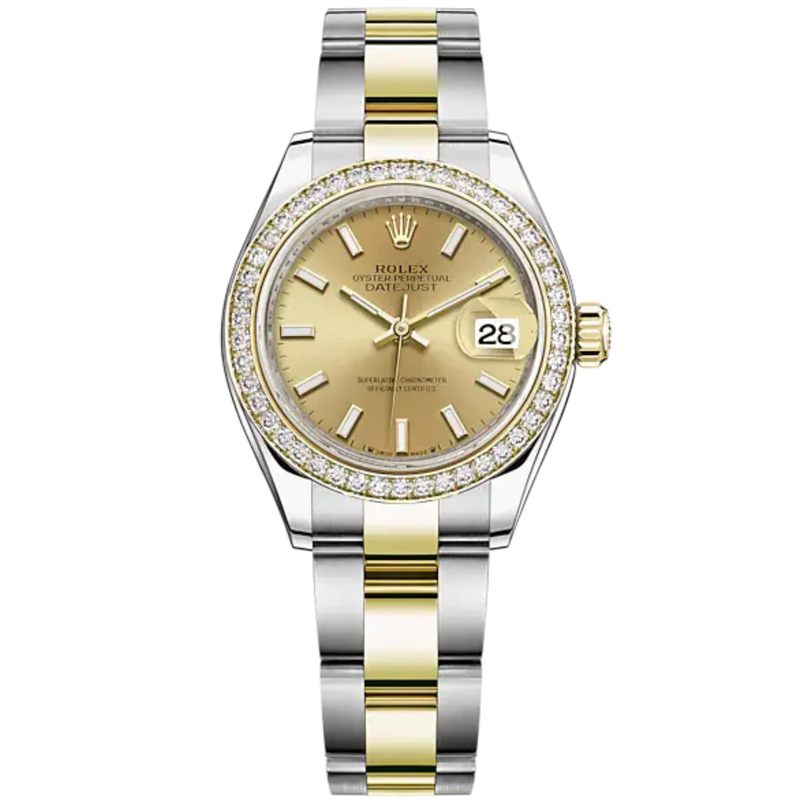 Lady-DateJust 28mm Oyster Oystersteel Bracelet and Yellow Gold with Champagne-Colour Dial Diamond-Set Bezel - Rolex