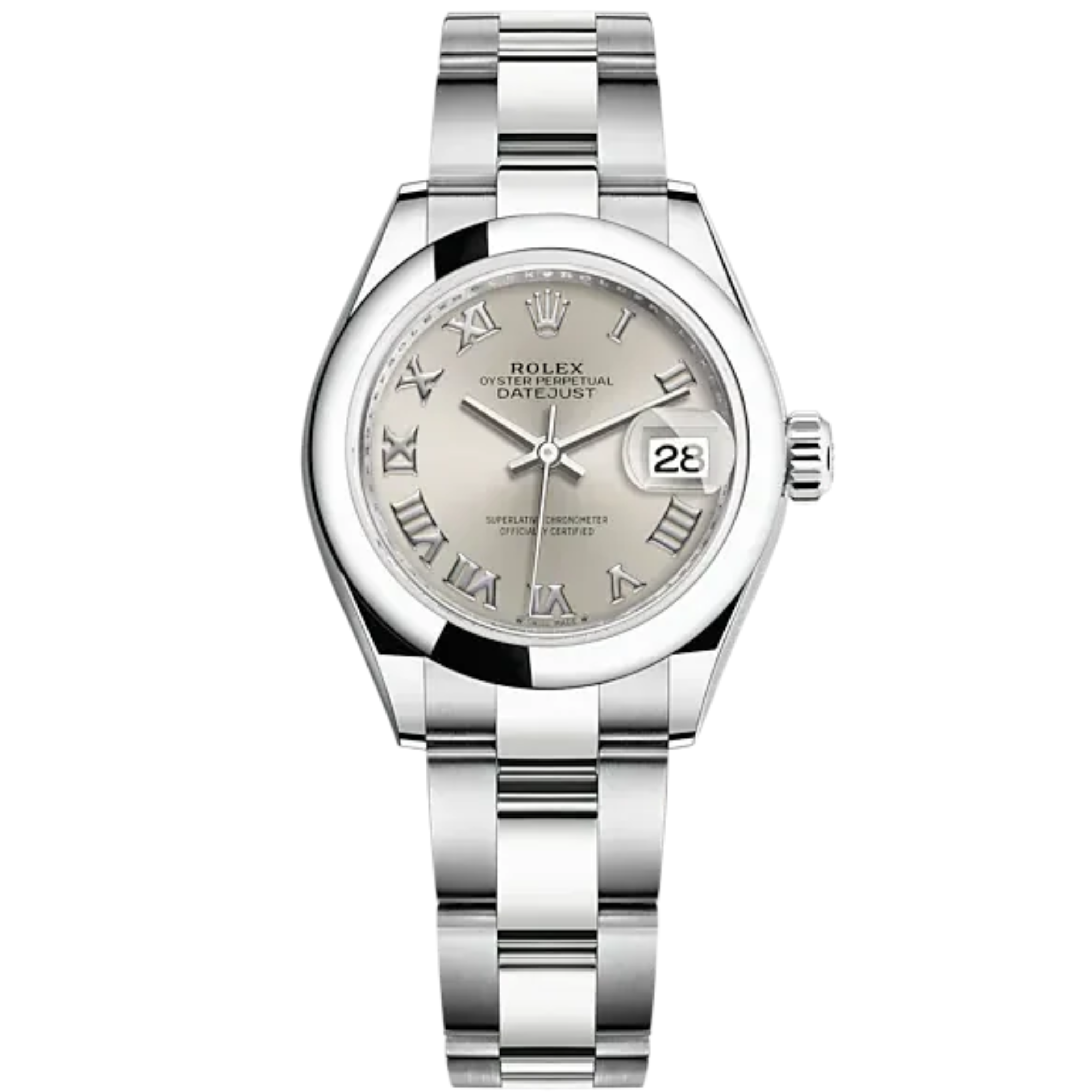 Lady-DateJust 28mm Oyster Oystersteel Bracelet and Silver Dial Domed Bezel - Rolex
