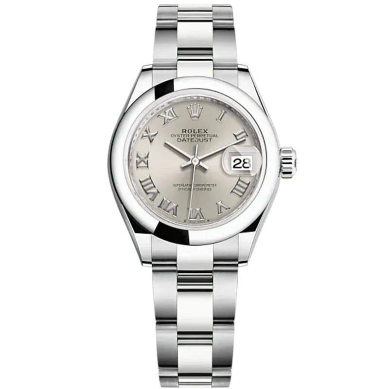 Lady-DateJust 28mm Oyster Oystersteel Bracelet and Silver Dial Domed Bezel - Rolex