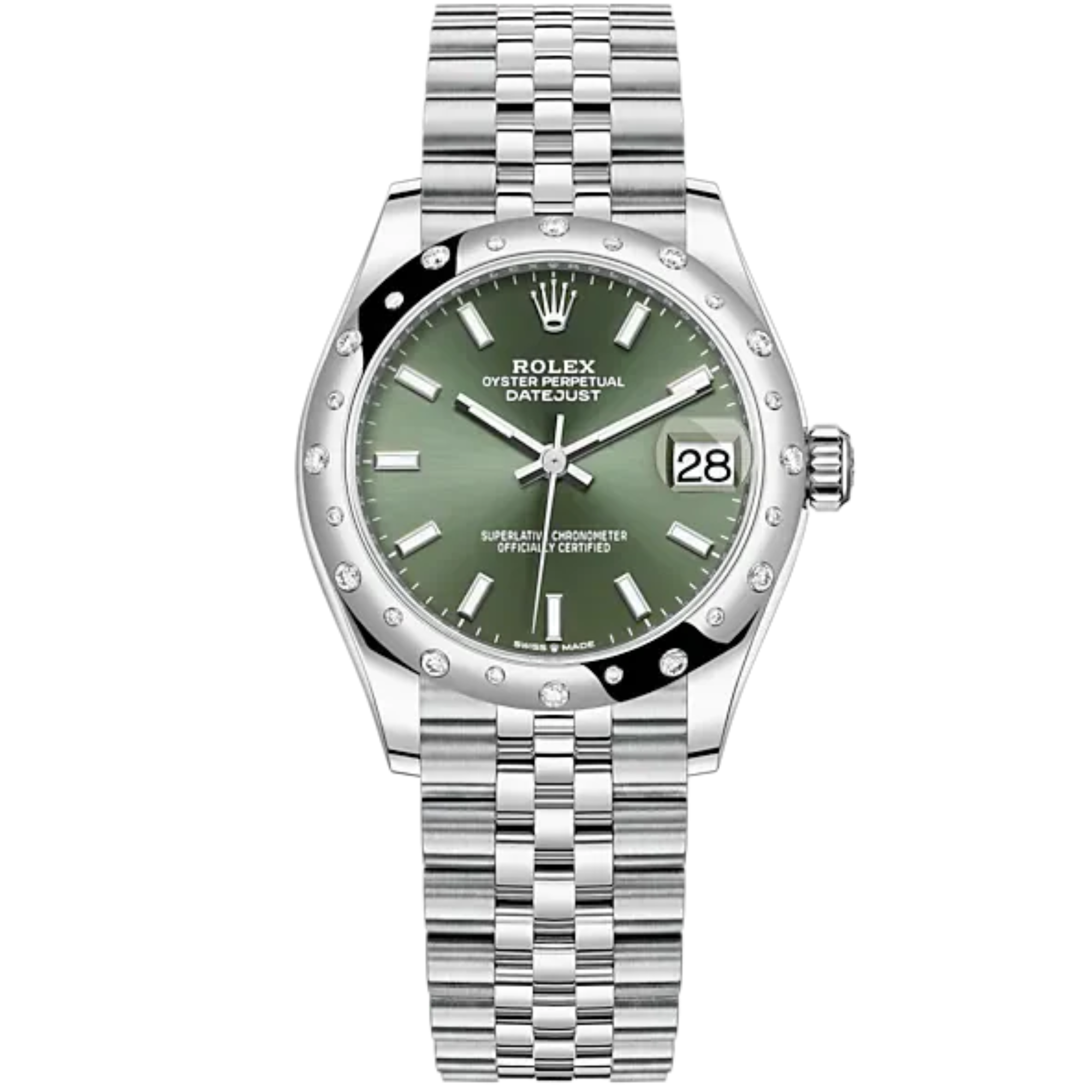Datejust 31 31mm Jubilee Bracelet Oystersteel and White Gold with Mint Green Dial Smooth Diamond-Set Bezel - Rolex