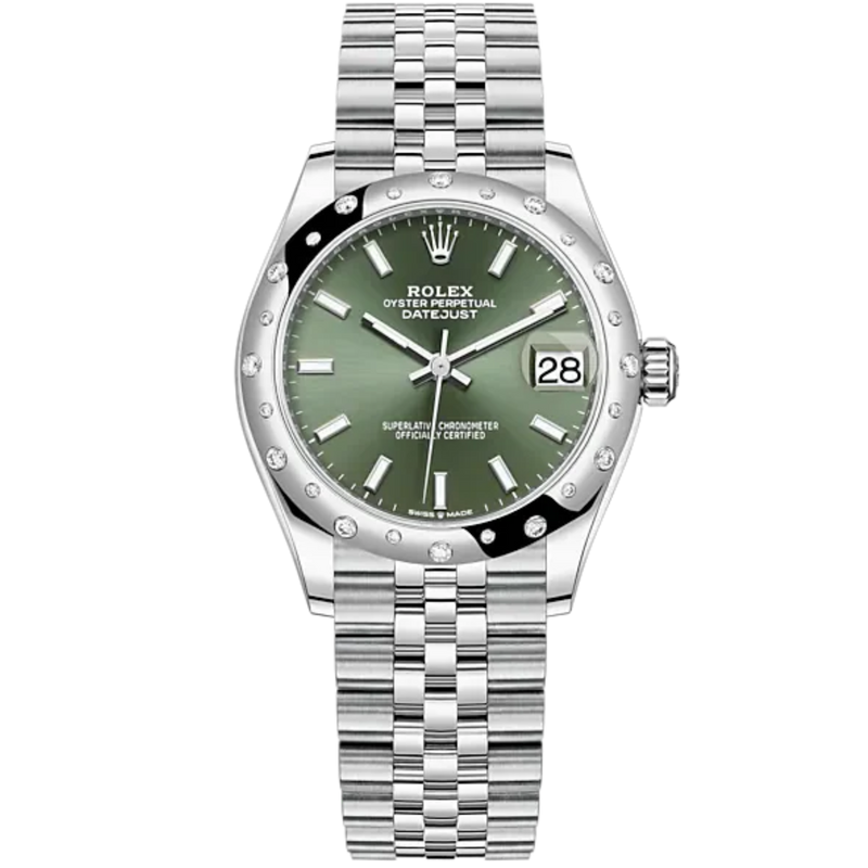 Datejust 31 31mm Jubilee Bracelet Oystersteel and White Gold with Mint Green Dial Smooth Diamond-Set Bezel - Rolex