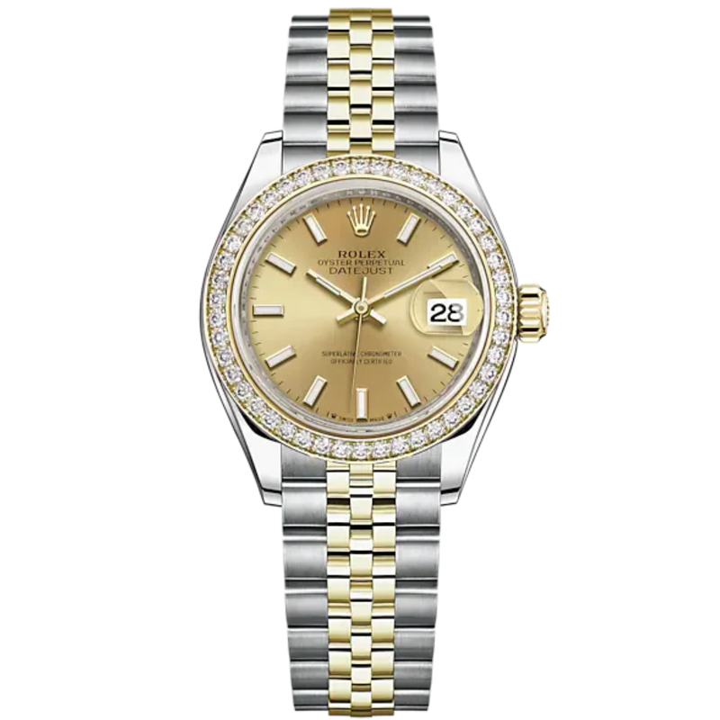 Lady-DateJust 28mm Oystersteel Jubilee Bracelet and Yellow Gold with Champagne-Colour Dial Diamond-Set Bezel - Rolex