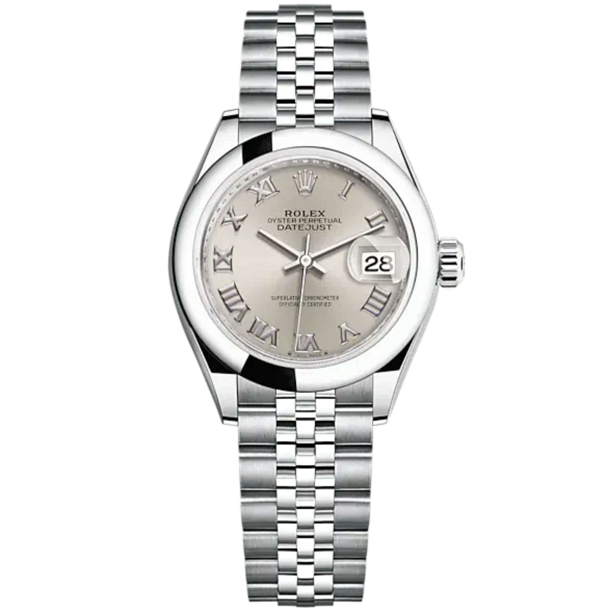 Lady-DateJust 28mm Oystersteel Jubilee Bracelet and Silver Dial Domed Bezel - Rolex