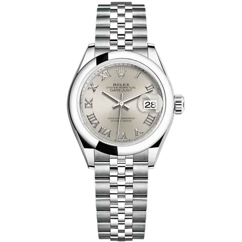 Lady-DateJust 28mm Oystersteel Jubilee Bracelet and Silver Dial Domed Bezel - Rolex