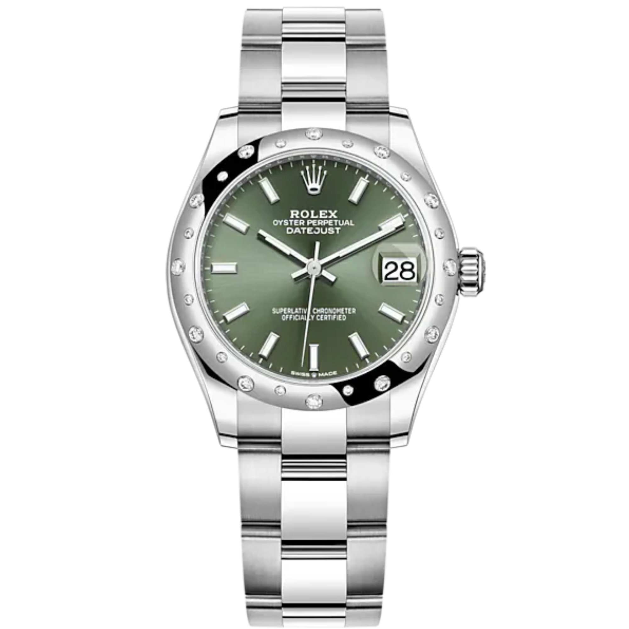 Datejust 31 31mm Oyster Bracelet Oystersteel and white Gold with Mint Green Dial Diamond-Set Bezel - Rolex