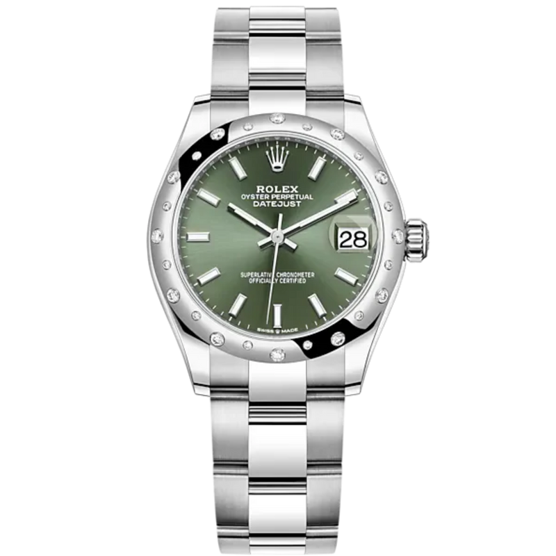 Datejust 31 31mm Oyster Bracelet Oystersteel and white Gold with Mint Green Dial Diamond-Set Bezel - Rolex