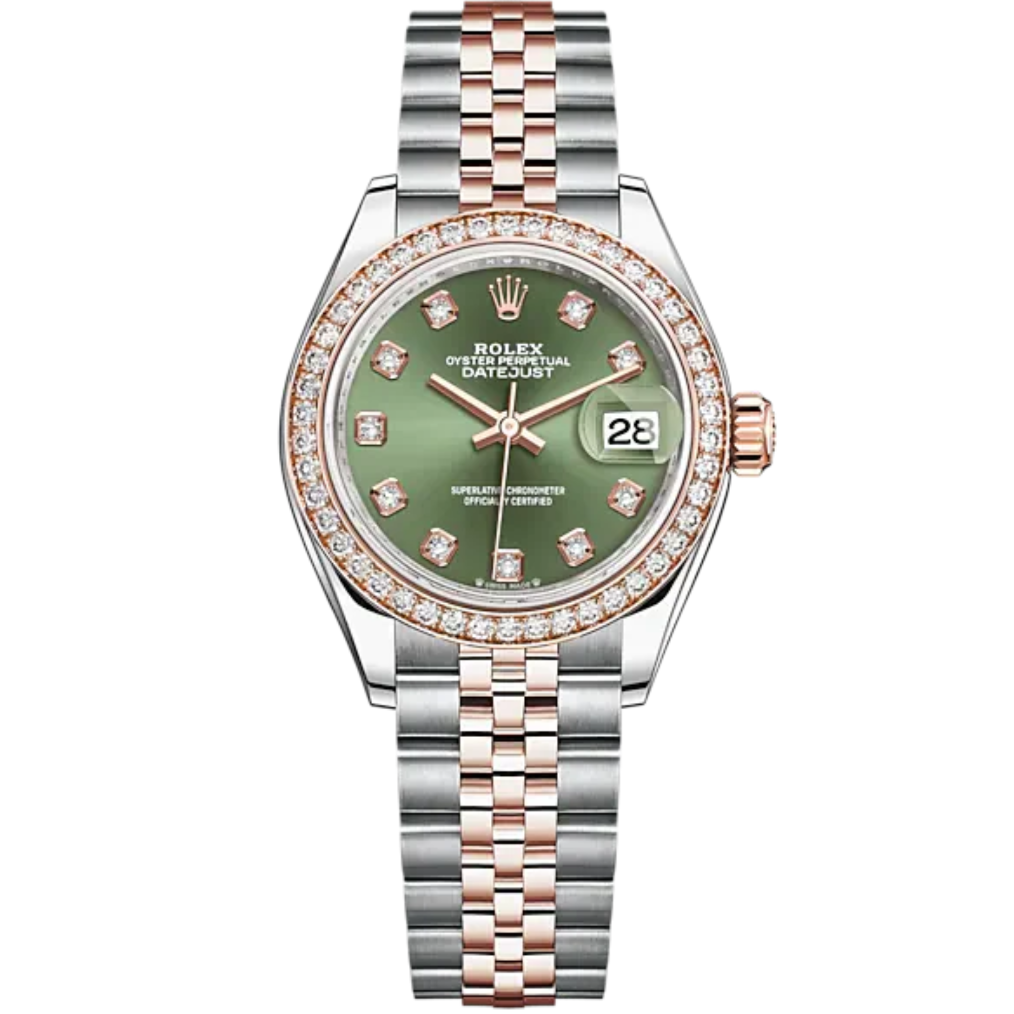 Lady-DateJust 28mm Oystersteel Jubilee Bracelet and Everose Gold with Olive-Green Dial Diamond-Set Dial Diamond-Set Bezel - Rolex