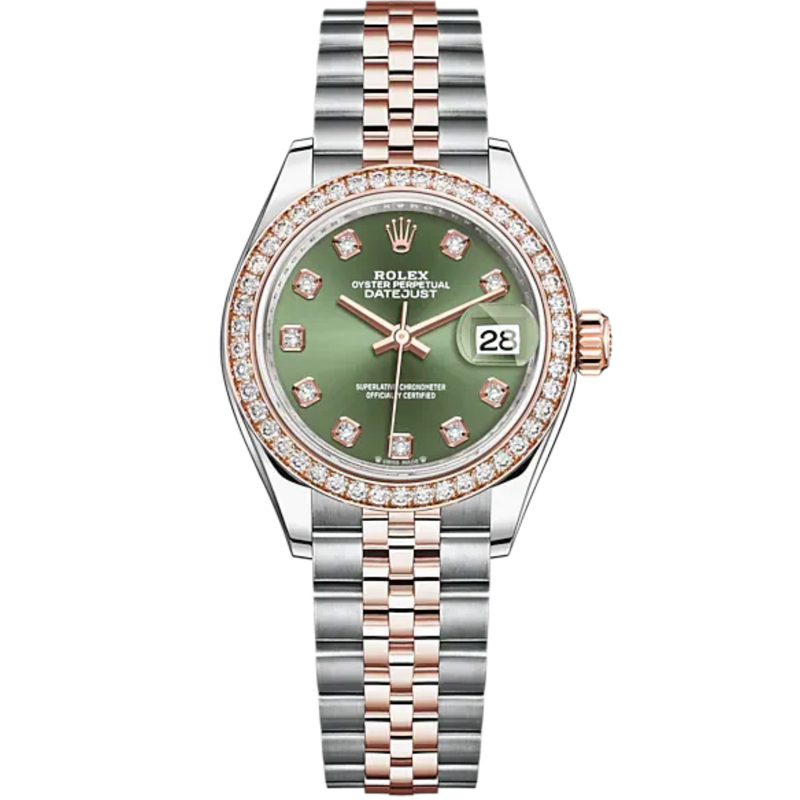 Lady-DateJust 28mm Oystersteel Jubilee Bracelet and Everose Gold with Olive-Green Dial Diamond-Set Dial Diamond-Set Bezel - Rolex