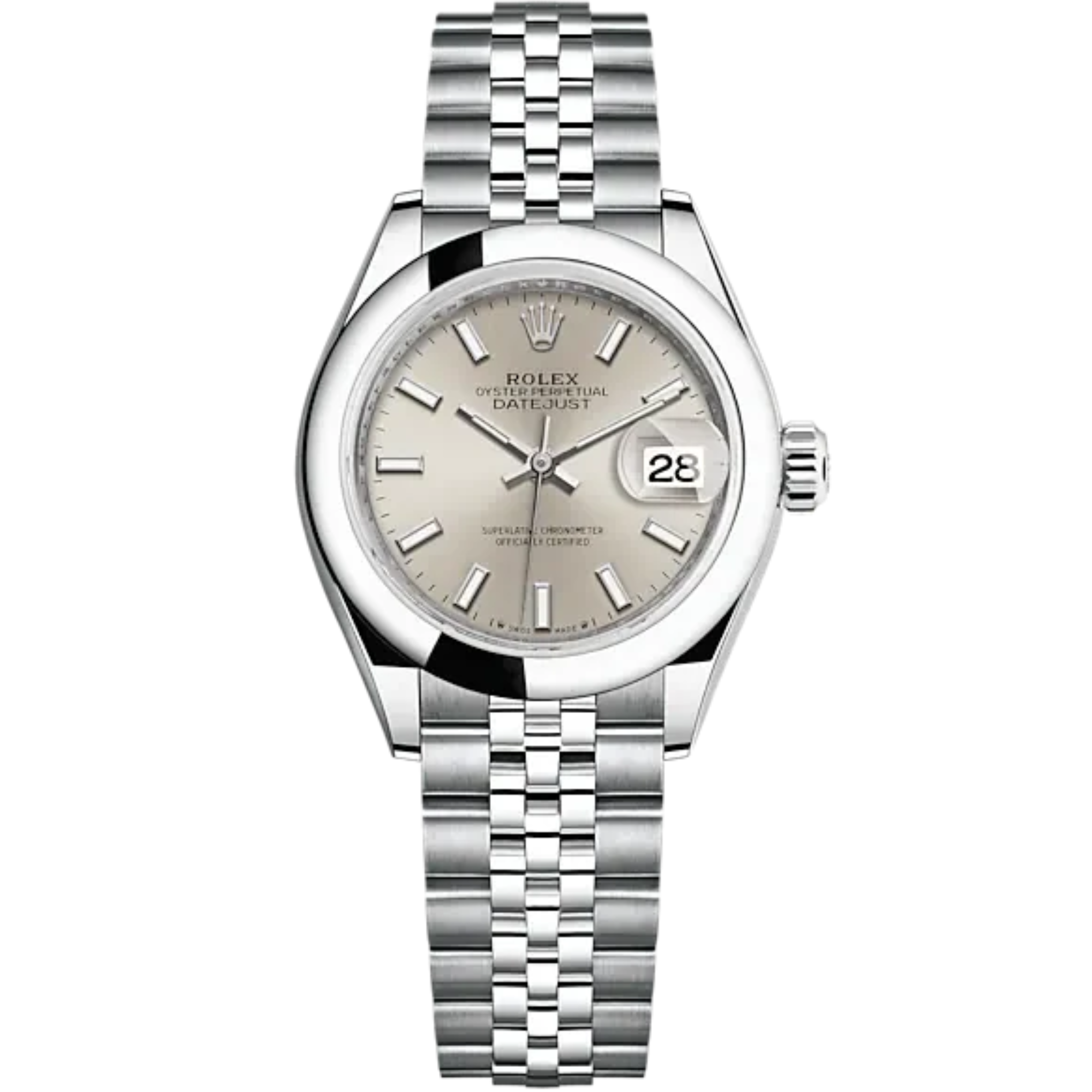 Lady-DateJust 28mm Oystersteel Jubilee Bracelet and Silver Dial Domed Bezel - Rolex