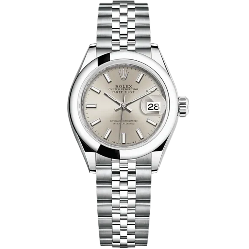Lady-DateJust 28mm Oystersteel Jubilee Bracelet and Silver Dial Domed Bezel - Rolex