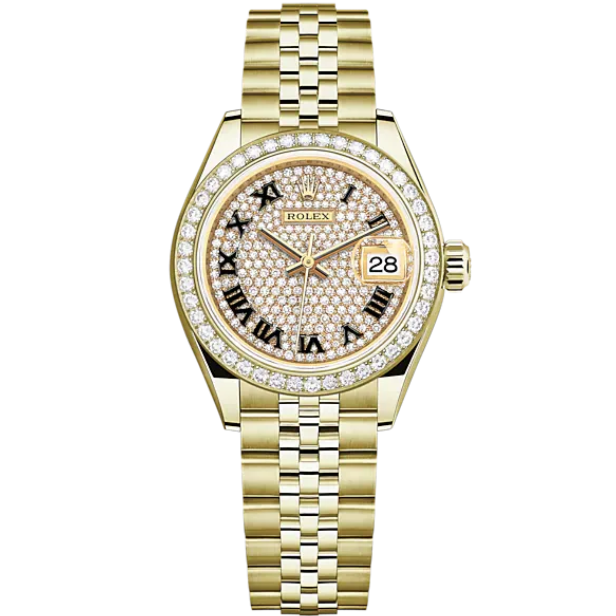 Lady-DateJust 28mm Jubilee Bracelet and 18 KT Yellow Gold with Diamond-Paved Dial Diamond-Set Bezel - Rolex