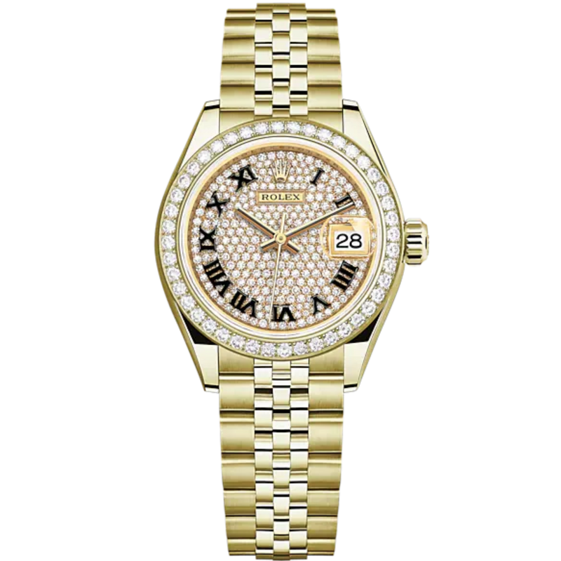 Lady-DateJust 28mm Jubilee Bracelet and 18 KT Yellow Gold with Diamond-Paved Dial Diamond-Set Bezel - Rolex