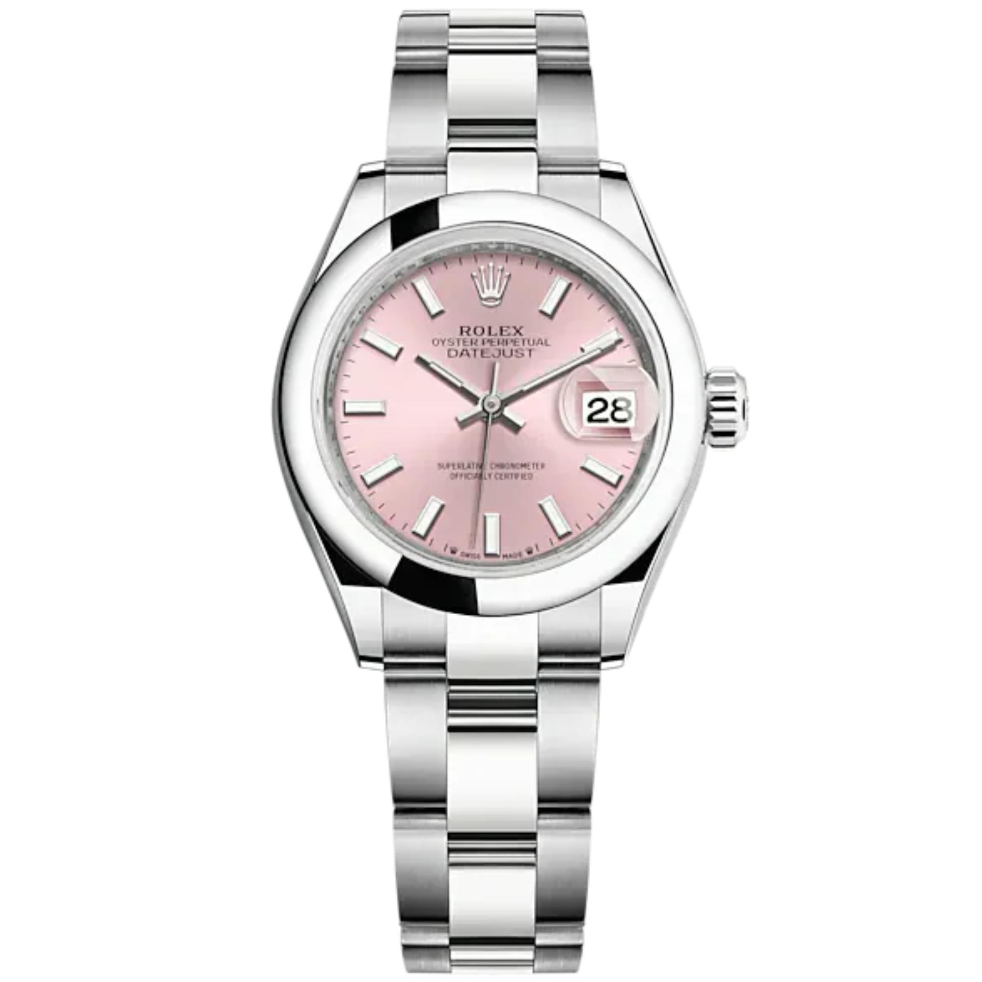 Lady-DateJust 28mm Oyster Oystersteel Bracelet and Pink Dial Domed Bezel - Rolex