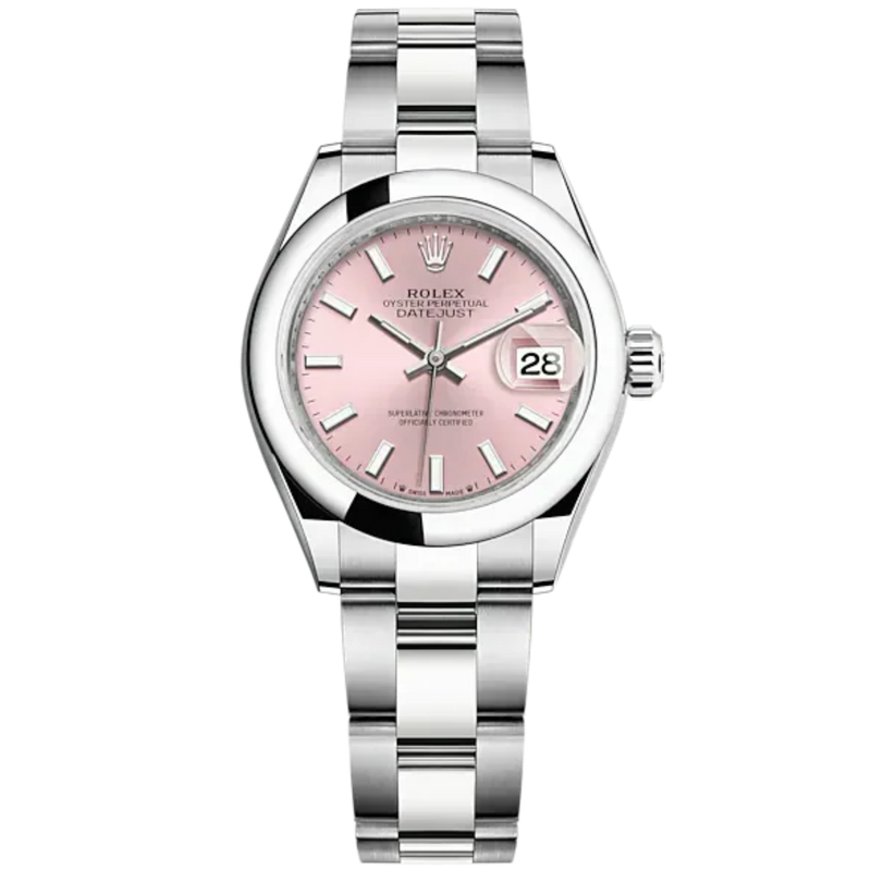 Lady-DateJust 28mm Oyster Oystersteel Bracelet and Pink Dial Domed Bezel - Rolex