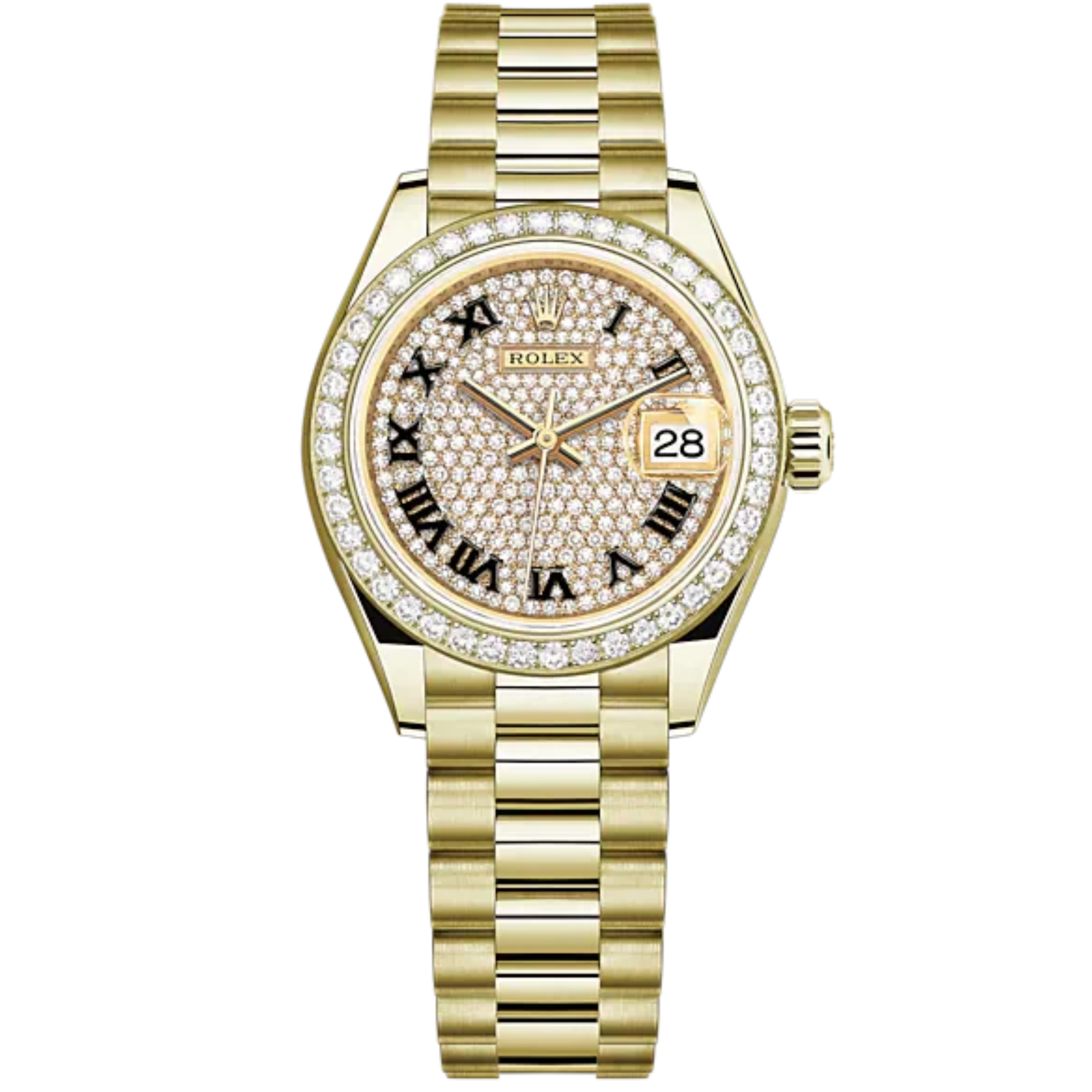 Lady-DateJust 28mm President Bracelet and 18 KT Yellow Gold with Diamond-Paved Dial Diamond-Set Bezel - Rolex