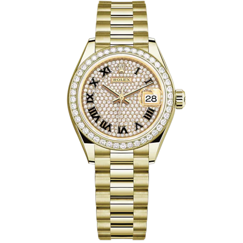 Lady-DateJust 28mm President Bracelet and 18 KT Yellow Gold with Diamond-Paved Dial Diamond-Set Bezel - Rolex