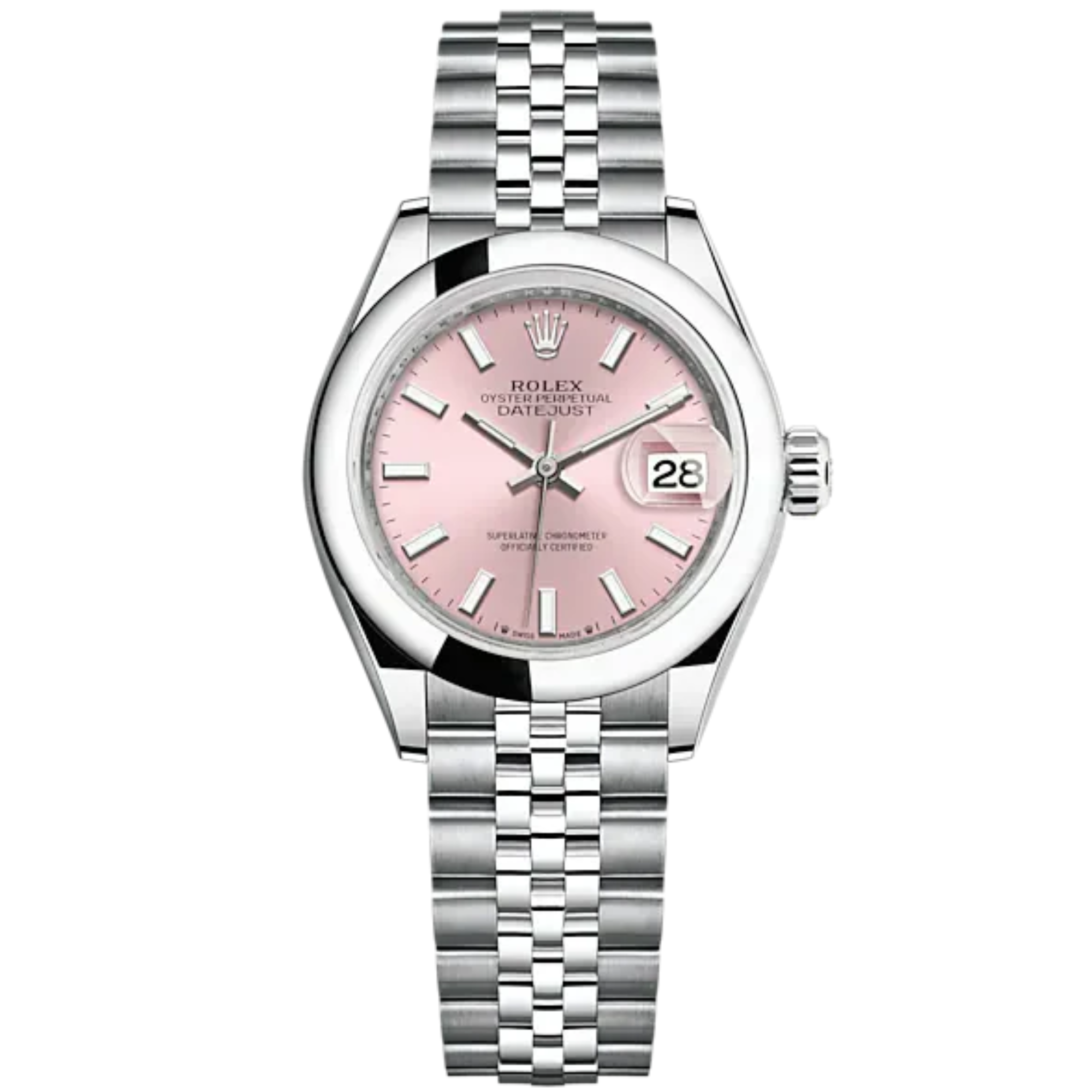 Lady-DateJust 28mm Oystersteel Jubilee Bracelet and Pink Dial Domed Bezel - Rolex