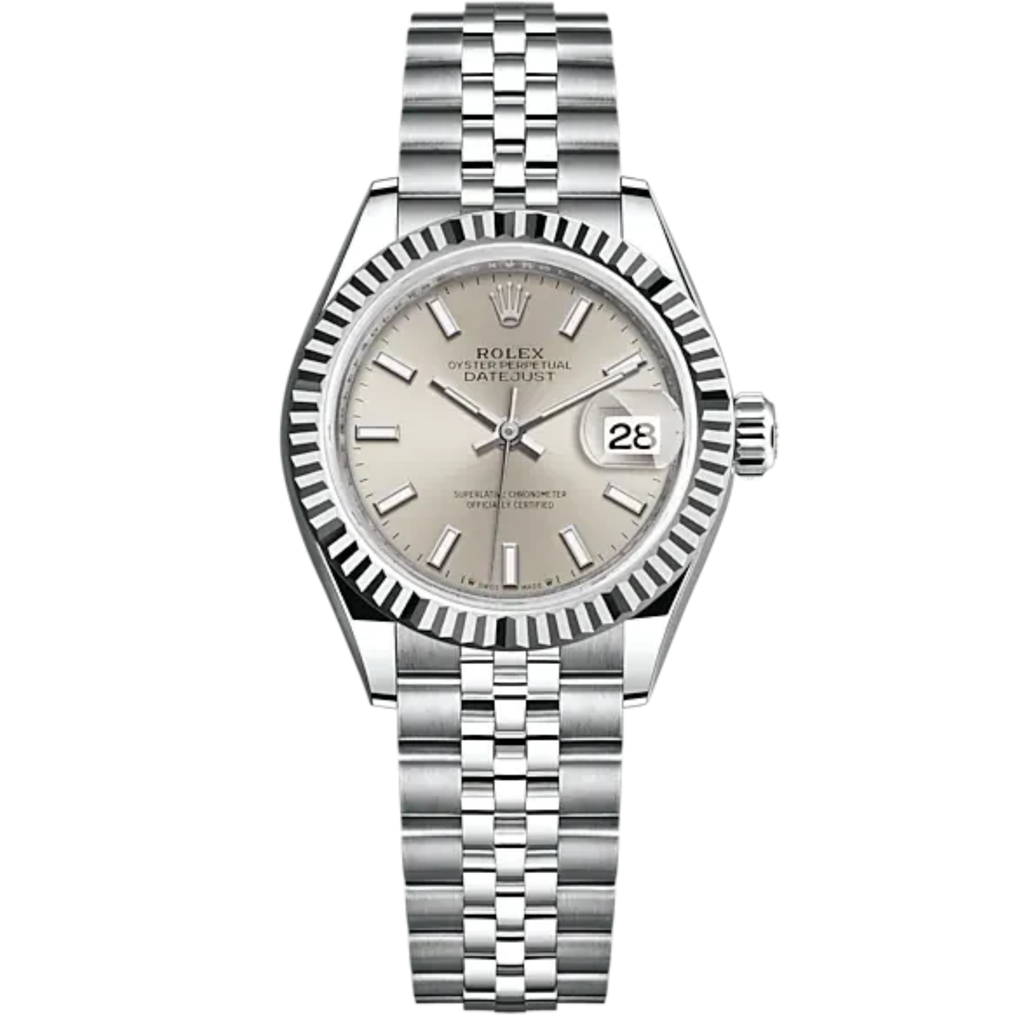 Lady-DateJust 28mm Oystersteel Jubilee Bracelet and White Gold with Silver Dial Fluted Bezel - Rolex