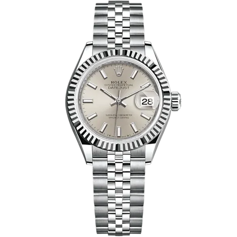 Lady-DateJust 28mm Oystersteel Jubilee Bracelet and White Gold with Silver Dial Fluted Bezel - Rolex