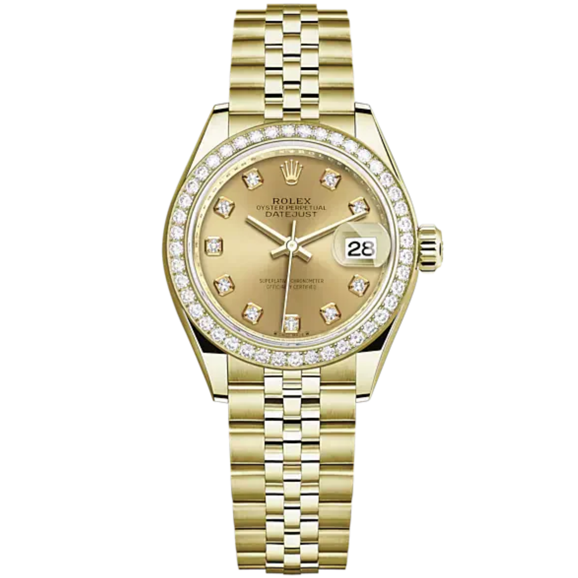 Lady-DateJust 28mm Jubilee Bracelet and 18 KT Yellow Gold with Champagne-Colour Dial Diamond-Set Dial Diamond-Set Bezel - Rolex
