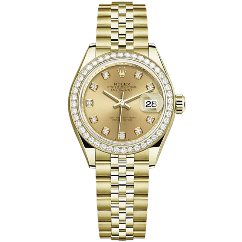 Lady-DateJust 28mm Jubilee Bracelet and 18 KT Yellow Gold with Champagne-Colour Dial Diamond-Set Dial Diamond-Set Bezel - Rolex