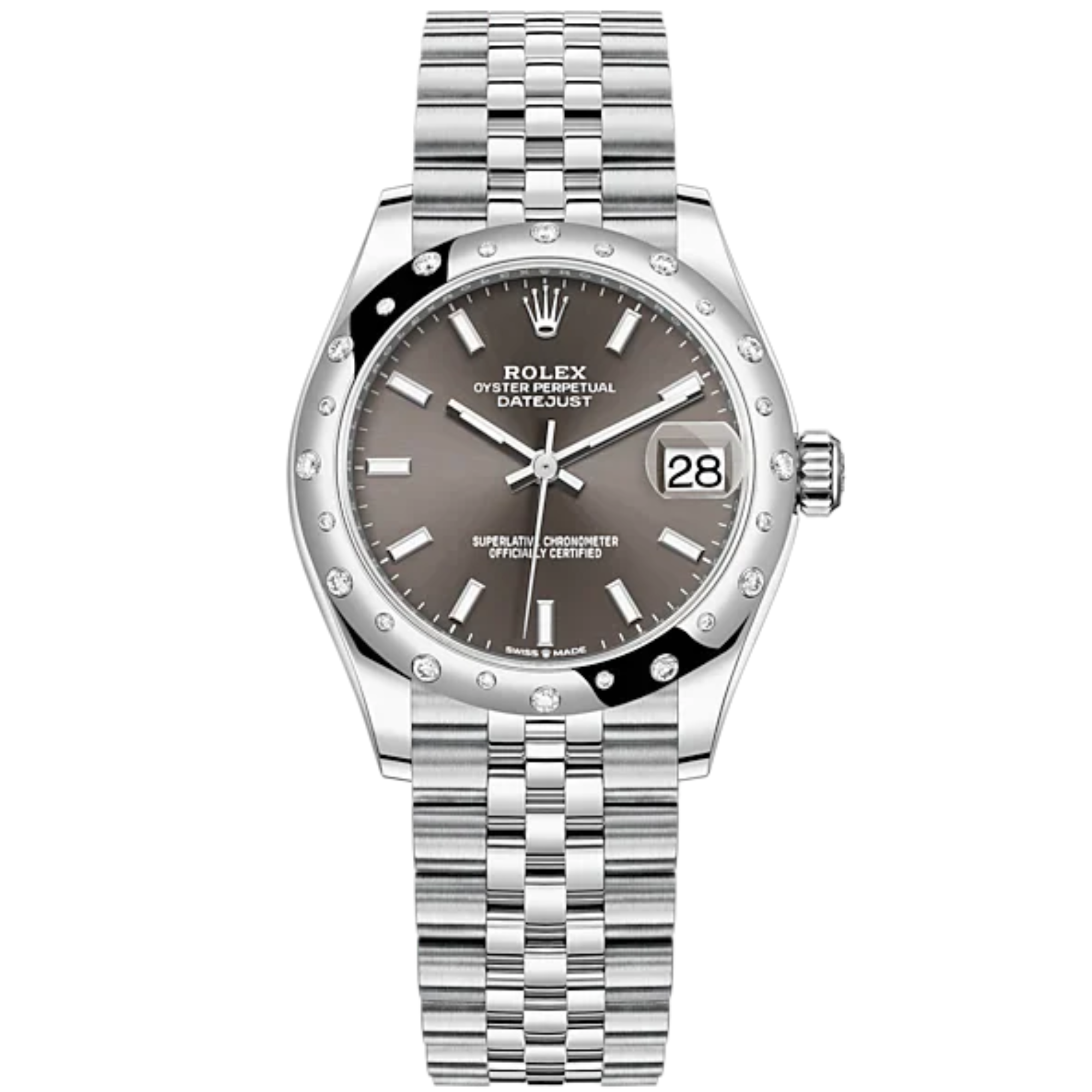 Datejust 31 31mm Jubilee Bracelet Oystersteel and White Gold with Dark Grey Dial Diamond-Set Bezel - Rolex